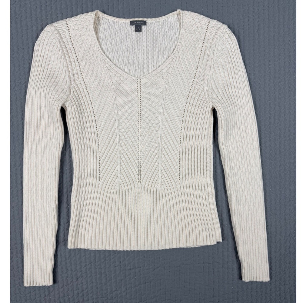 Ann Taylor Cream Ribbed Cotton Knit Scoop Neck Sweater Womens Medium Made in USA